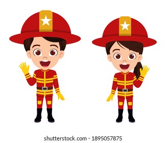 Cute beautiful kid fireman and firewomen character standing and waving fire service outfits isolated