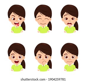Cute beautiful kid girl character showing emotions and different facial expressions isolated with beautiful t-shirt