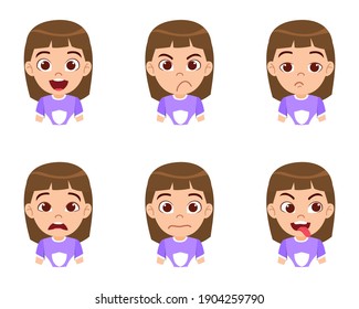 Cute Beautiful Kid Girl Character Showing Emotions And Different Facial Expressions With Beautiful T-shirt