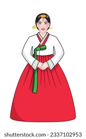 Cute beautiful Korean girl lady or teen dress or costume in traditional dress called Hanbok or Korean clothing drawing in colorful cartoon vector