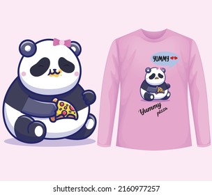 Cute and beautiful  lady panda eating pizza.Yummy pizza slogan T-Shirt design.Animal  vector illustration design in pink background.