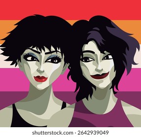cute beautiful lesbian couple with flag