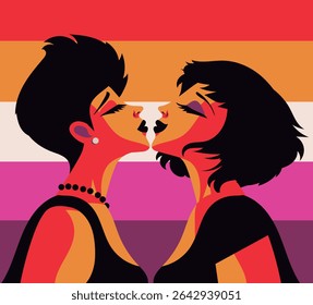 cute beautiful lesbian couple with flag