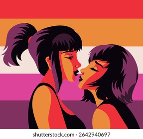 cute beautiful lesbian couple with flag
