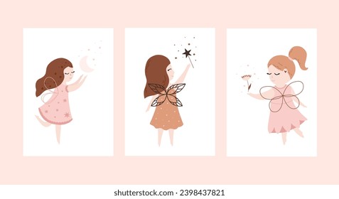 Cute beautiful little fairies set cartoon vector illustration. Baby fairy princess hand drawn illustration. Pastel and delicate colors for children's design