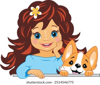 Cute beautiful little girl with corgi dog. Vector