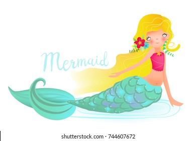 Cute and beautiful little mermaid, siren with blond hairs with flowers wreath, blue glowing fish tail and open eyes. Child's illustration, mermaid print, background. Vector illustration