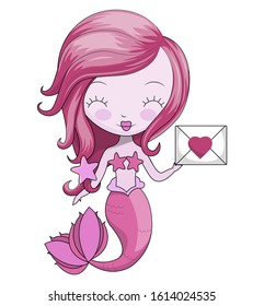 A cute beautiful little mermaids holds a love message. Vector illustration for children 's fashion works of art, children 's books, greeting cards. Isolated on white. Vector stock illustration