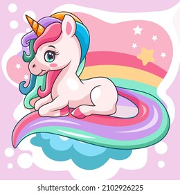 Cute and beautiful little unicorn cartoon sitting and smiling above the clouds and rainbow