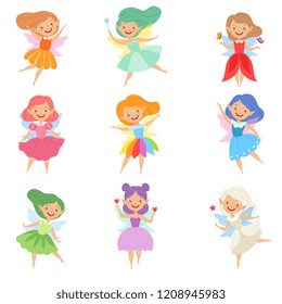 Cute beautiful little winged fairies, lovely girls with hair and dress of different colors vector Illustration on a white background