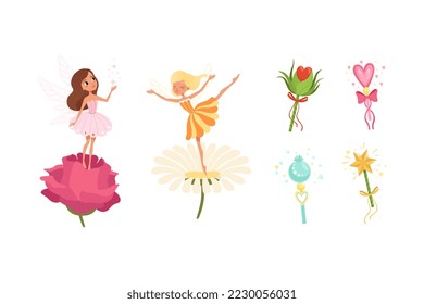 Cute beautiful little winged fairies on flowers and magic wands collection set cartoon vector illustration