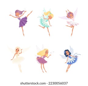 Cute beautiful little winged fairies set. Lovely girls with wings in colorful dresses cartoon vector illustration