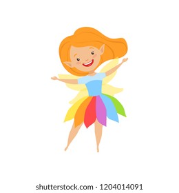 Cute beautiful little winged fairy, lovely redhead girl in rainbow dress vector Illustration on a white background