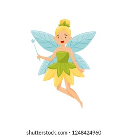 Cute beautiful little winged fairy in green dress, mythical fairy tale creature vector Illustration on a white background