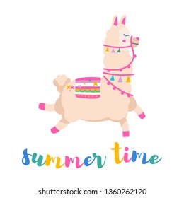 Cute Beautiful llama with lettering  the inscription summertime