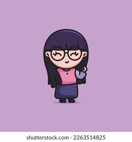 Cute beautiful long hair woman smiling eyes with glasses fist up cartoon character illustration vector isolated