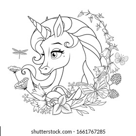 Cute beautiful magic unicorn surrounded with flowers and butterflies. Vector black and white illustration for coloring page.