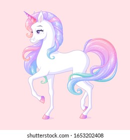 Cute beautiful magic white unicorn with rainbow glitter sparkly mane. Vector illustration isolated on white background.