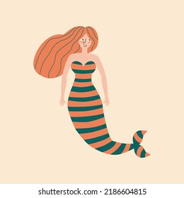 Cute beautiful mermaid with ginger hair hand drawn vector illustration. Isolated cheerful redhead nymph in flat style for kids logo or icon.