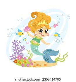 Cute beautiful mermaid and sea fishes. Vector cartoon illustration in flat style isolated on a white background. For print, design, poster, sticker, card, decoration and t shirt design