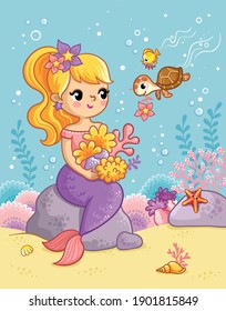 Cute beautiful mermaid sits on a stone under water and plays with a turtle among shells and seaweed. Vector illustration in cartoon style.