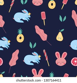 Cute beautiful minimalistic childish seamless background with blue rabbit with a crown, pink hare, pineapple, pear, leaf. Pattern for wallpaper, paper, fabrics, children's clothing, packaging, gifts