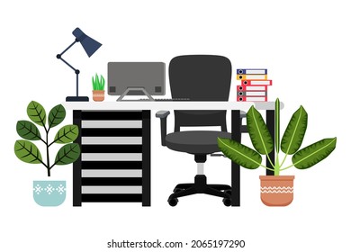 Cute beautiful modern home office desk with chair table laptop computer table lamp and some paper folder file and with house plants