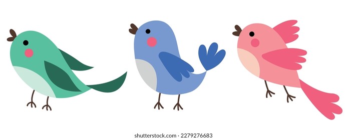 Cute and beautiful multi-coloured birds. Spring birds with beautiful beaks and red cheeks. Vector birds for postcards. Birds isolated on white background