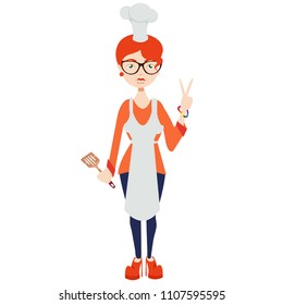 Cute, beautiful, nice ore young girl in short-hairstyles, chef, cook, kitchener, in a white aprong, smiles, in big white coat cap.  Modern vector flat image design isolated on white background