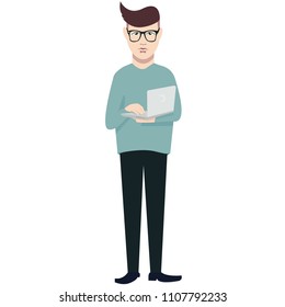 Cute, beautiful, nice young guy in glasses, blue sweater and jeans, dark hair, modern hair style, holds a laptop, hi-tech, programmer, designer. Modern vector flat image design isolated on white back