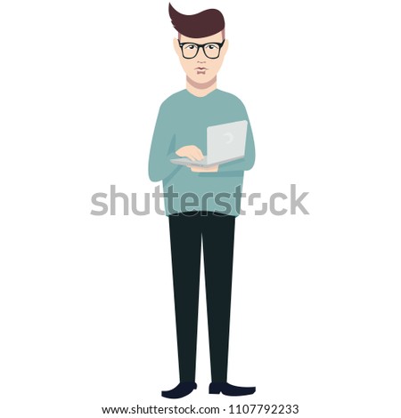 Cute, beautiful, nice young guy in glasses, blue sweater and jeans, dark hair, modern hair style, holds a laptop, hi-tech, programmer, designer. Modern vector flat image design isolated on white back
