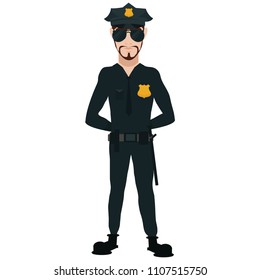 Cute, beautiful, nice young man policeman, in black glasses with beard in black cap. Dressed in black form with golden zitone. security, law, agent. Modern vector flat image design isolated on white