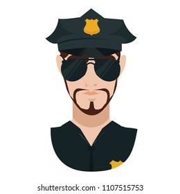 Cute, beautiful, nice young man policeman, in black glasses with beard in black cap. Dressed in black form with golden zitone. security, law, agent. Modern vector flat image design isolated on white