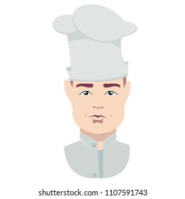 Cute, beautiful, nice young man, boy chef, chef, chef, master, in a big cook hat, cook food, delicious food, professional cooking. Modern vector flat image design isolated on white background