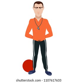 Cute, beautiful, nice young sporty guy, man, coach in orange sports sweater, in black sportswear in white stripe, with whistle on his neck, red ball. Modern vector flat image design isolated on white 