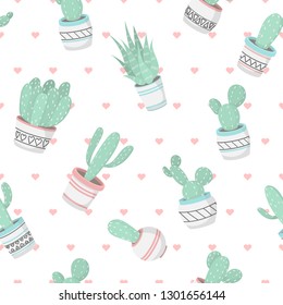 Cute beautiful pastel pattern with cactuses. Vector.