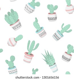 Cute beautiful pastel pattern with cactuses. Vector.