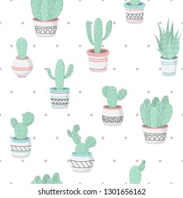 Cute beautiful pastel pattern with cactuses. Vector.