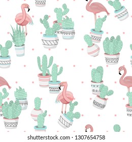 Cute beautiful pastel pattern with cactuses and flamingo. Vector.