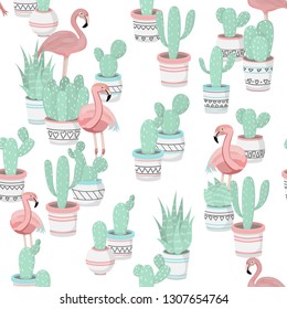 Cute beautiful pastel pattern with cactuses and flamingo. Vector.