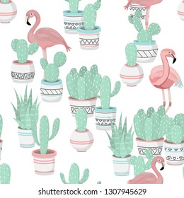 Cute beautiful pastel pattern with cactuses and flamingo. Vector.