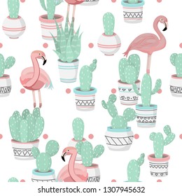 Cute beautiful pastel pattern with cactuses and flamingo. Vector.