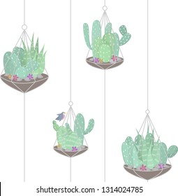 Cute beautiful pastel pattern with cactuses terrariums. Vector.