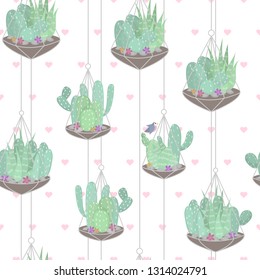 Cute beautiful pastel pattern with cactuses terrariums. Vector.