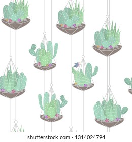 Cute beautiful pastel pattern with cactuses terrariums. Vector.