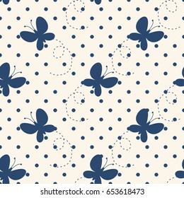 Cute beautiful pattern with butterflies and polka dot. Seamless background. Vector illustration for printing on fabric, textiles, Wallpaper, scrap-booking. 