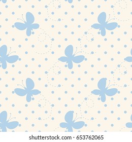 Cute beautiful pattern with butterflies and polka dot. Seamless background. Vector illustration for printing on fabric, textiles, Wallpaper, scrap-booking.