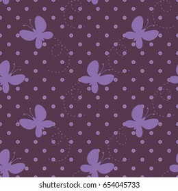 Cute beautiful pattern with butterflies and polka dot. Seamless background. Vector illustration for printing on fabric, textiles, Wallpaper, scrap-booking.