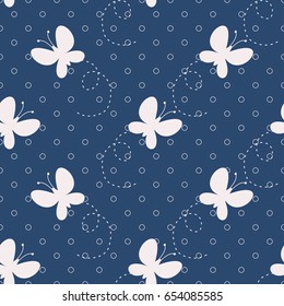 Cute beautiful pattern with butterflies and polka dot. Seamless background. Vector illustration for printing on fabric, textiles, Wallpaper, scrap-booking.