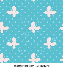 Cute beautiful pattern with butterflies and polka dot. Seamless background. Vector illustration for printing on fabric, textiles, Wallpaper, scrap-booking.
